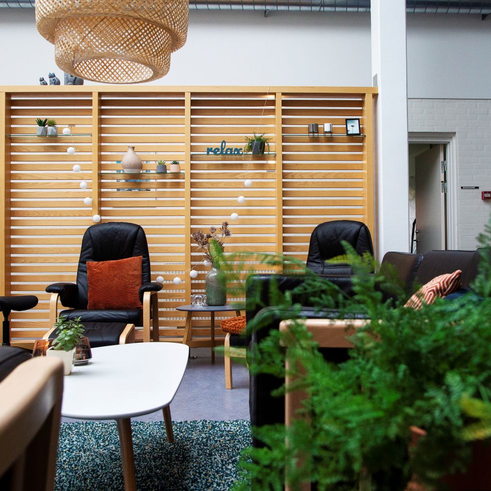 Skillevæggen i dagligstuen med sorte sofaer og sorte lænestole hvidt sofabord og en stor grøn plante