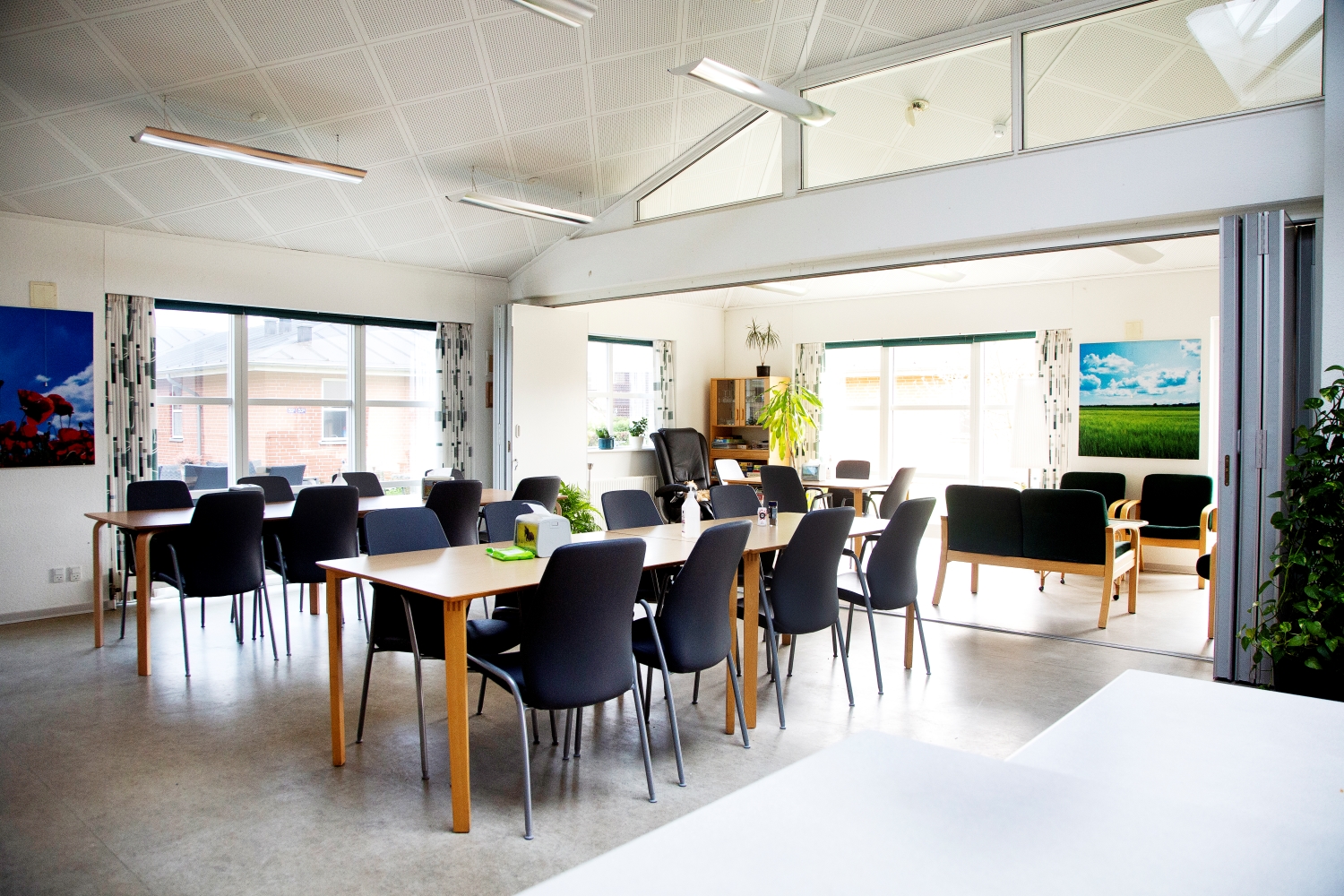 fællesområde med både spiseplads til mange og sofahjørne