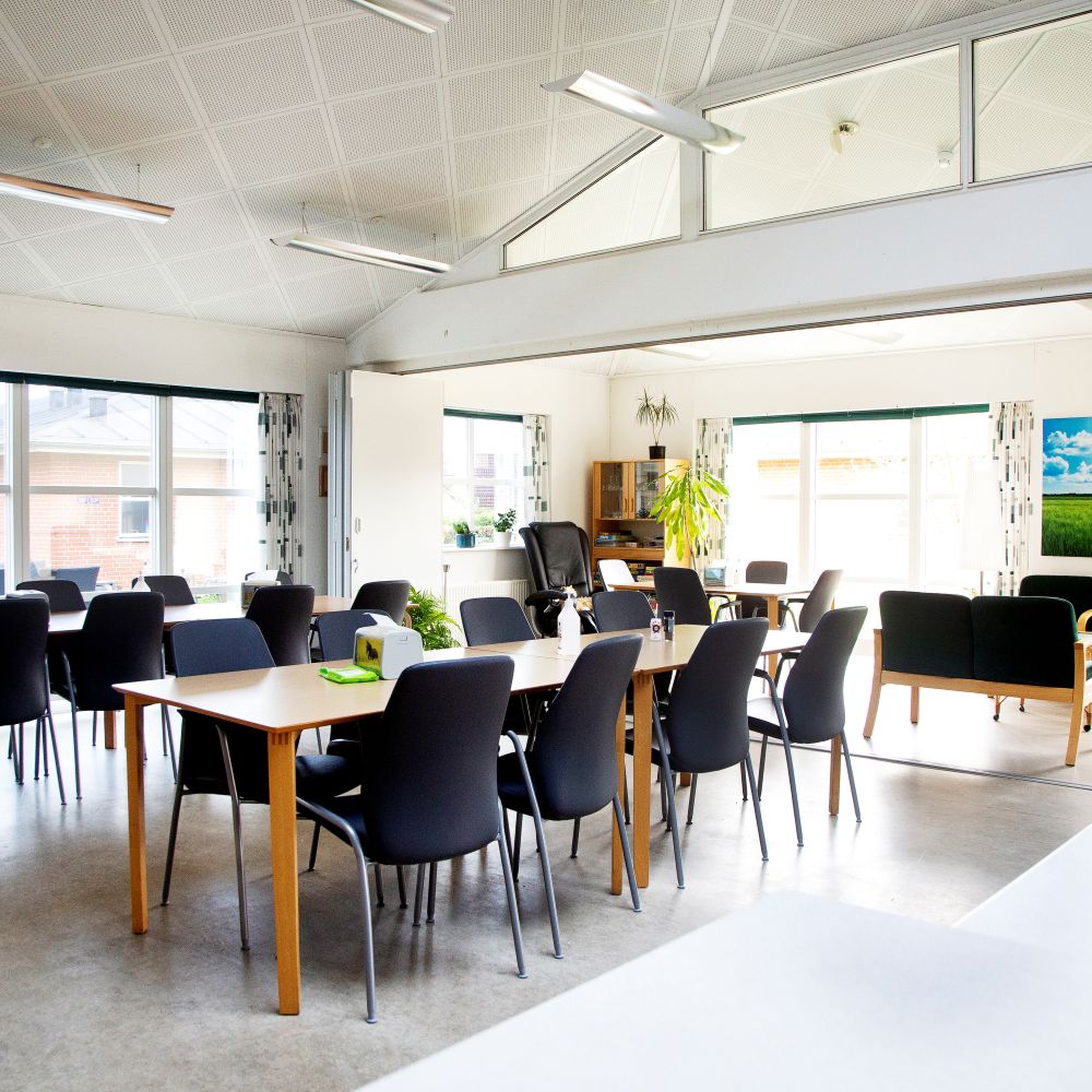 fællesområde med både spiseplads til mange og sofahjørne