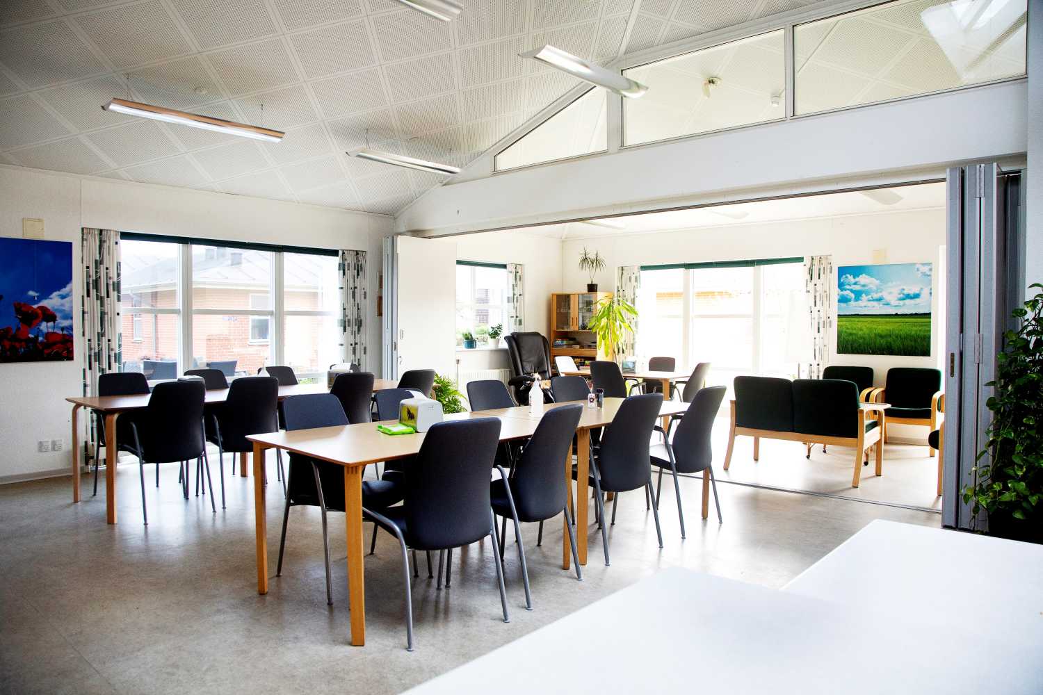 fællesområde med både spiseplads til mange og sofahjørne