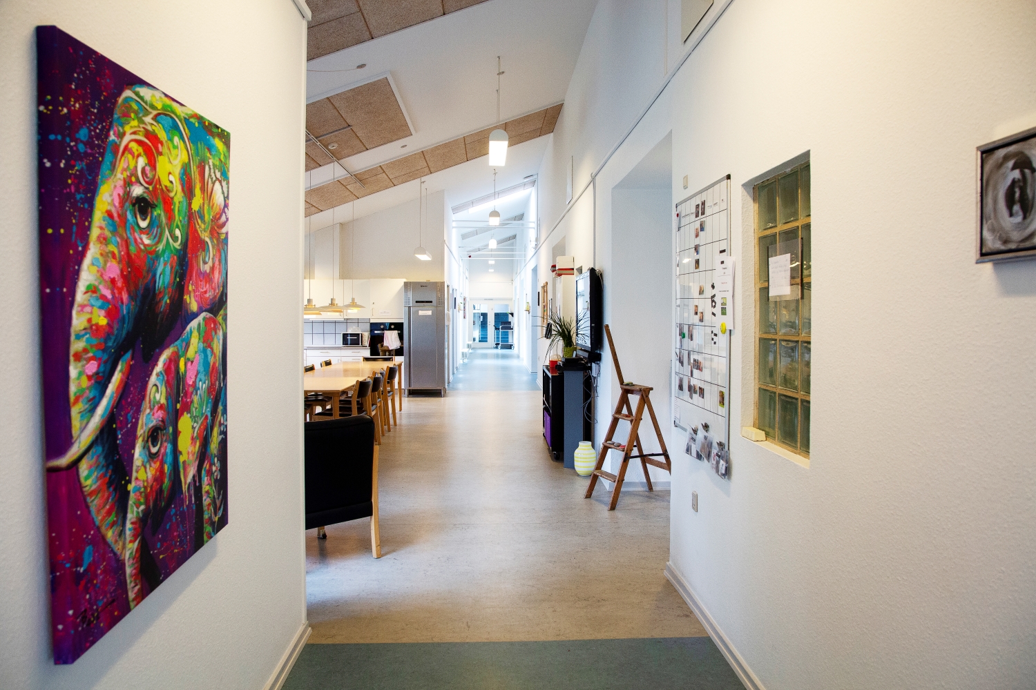 Lang gang hvor man går langs med fællerum og køkken og for enden af gangen kan man se dør ud. på væggene hænger der villeder.