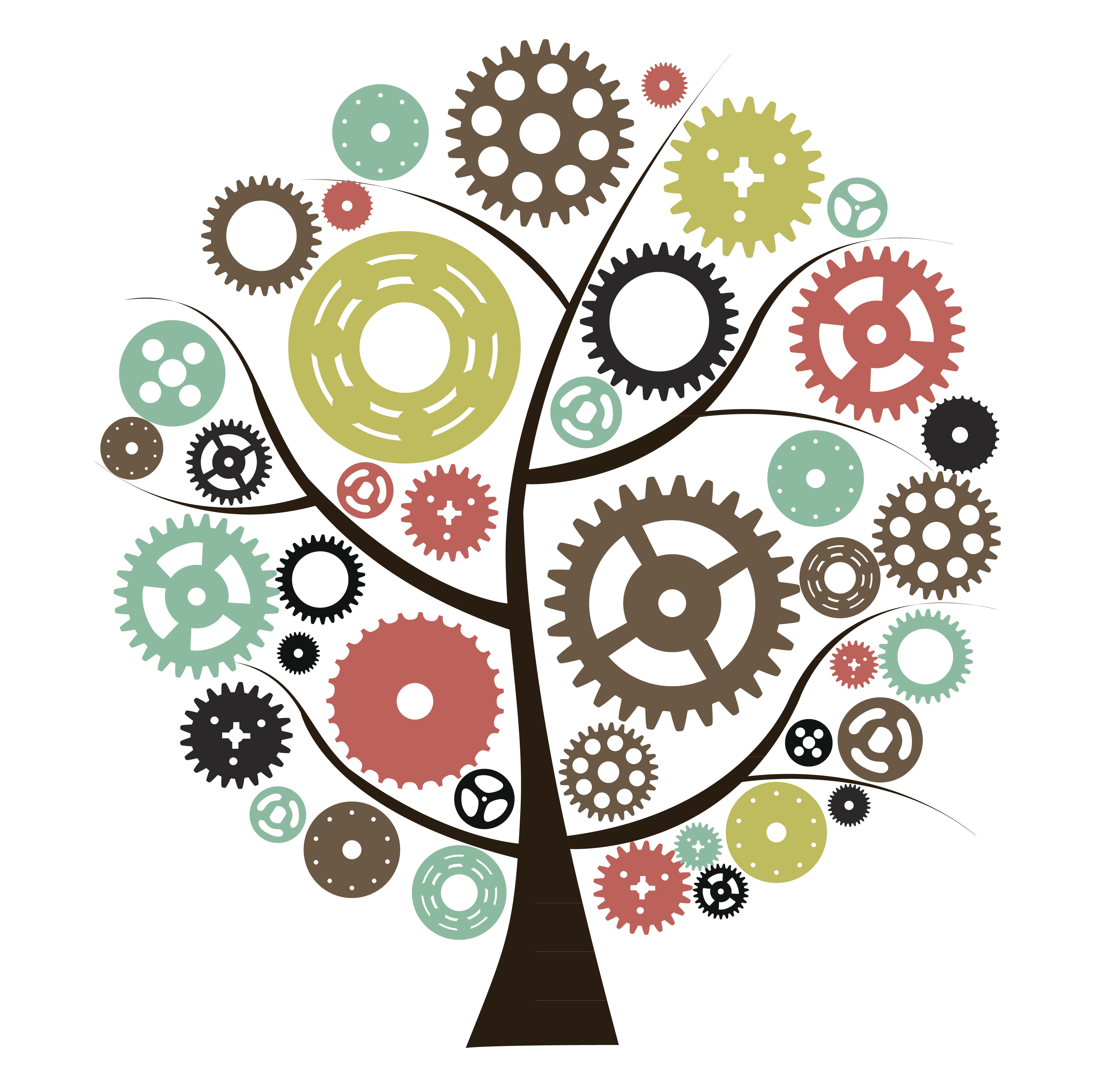 På billedet ses et grafisk tegnet træ i sort, med en krone af forskellige former for tandhjul i forskellige farver.
