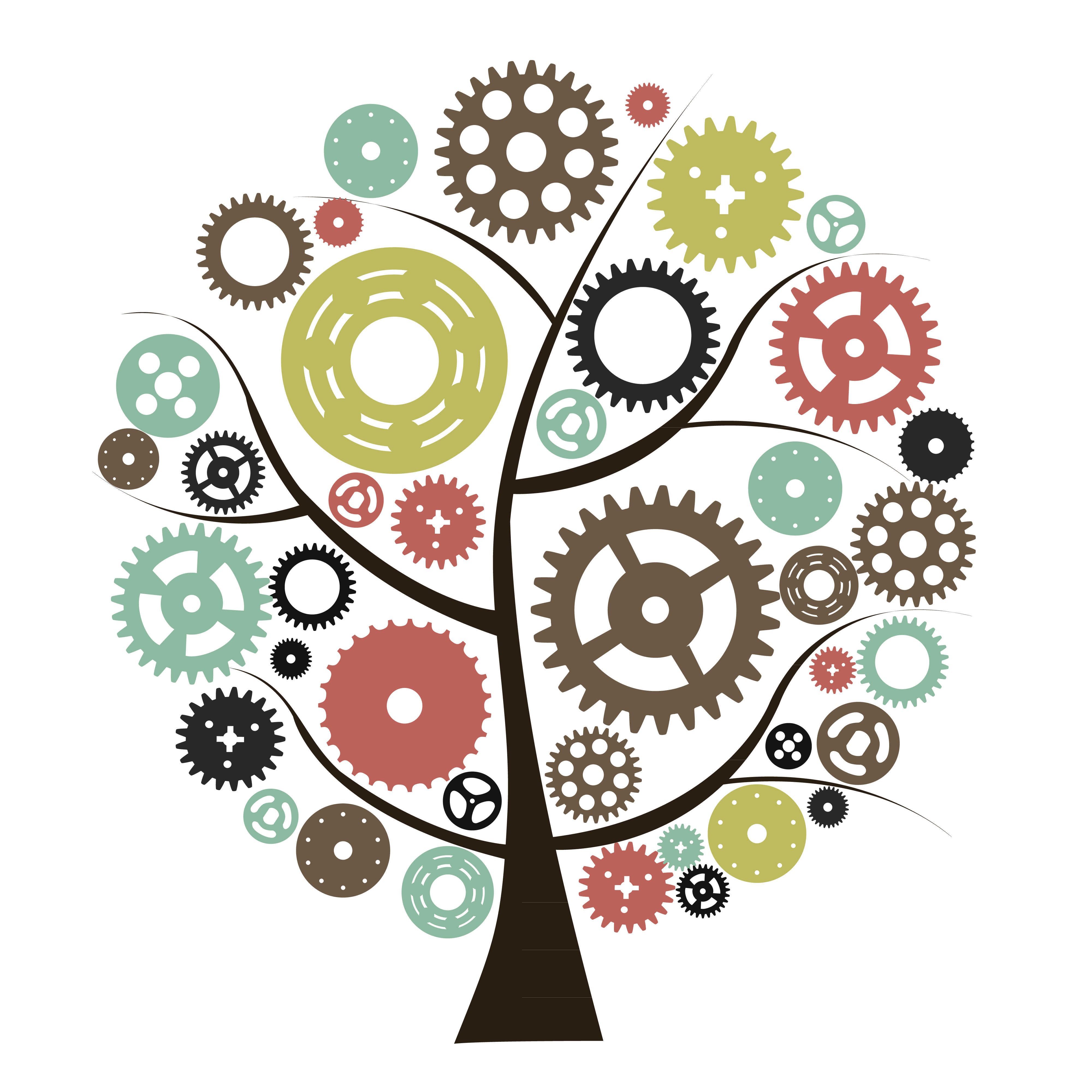 På billedet ses et grafisk tegnet træ i sort, med en krone af forskellige former for tandhjul i forskellige farver.