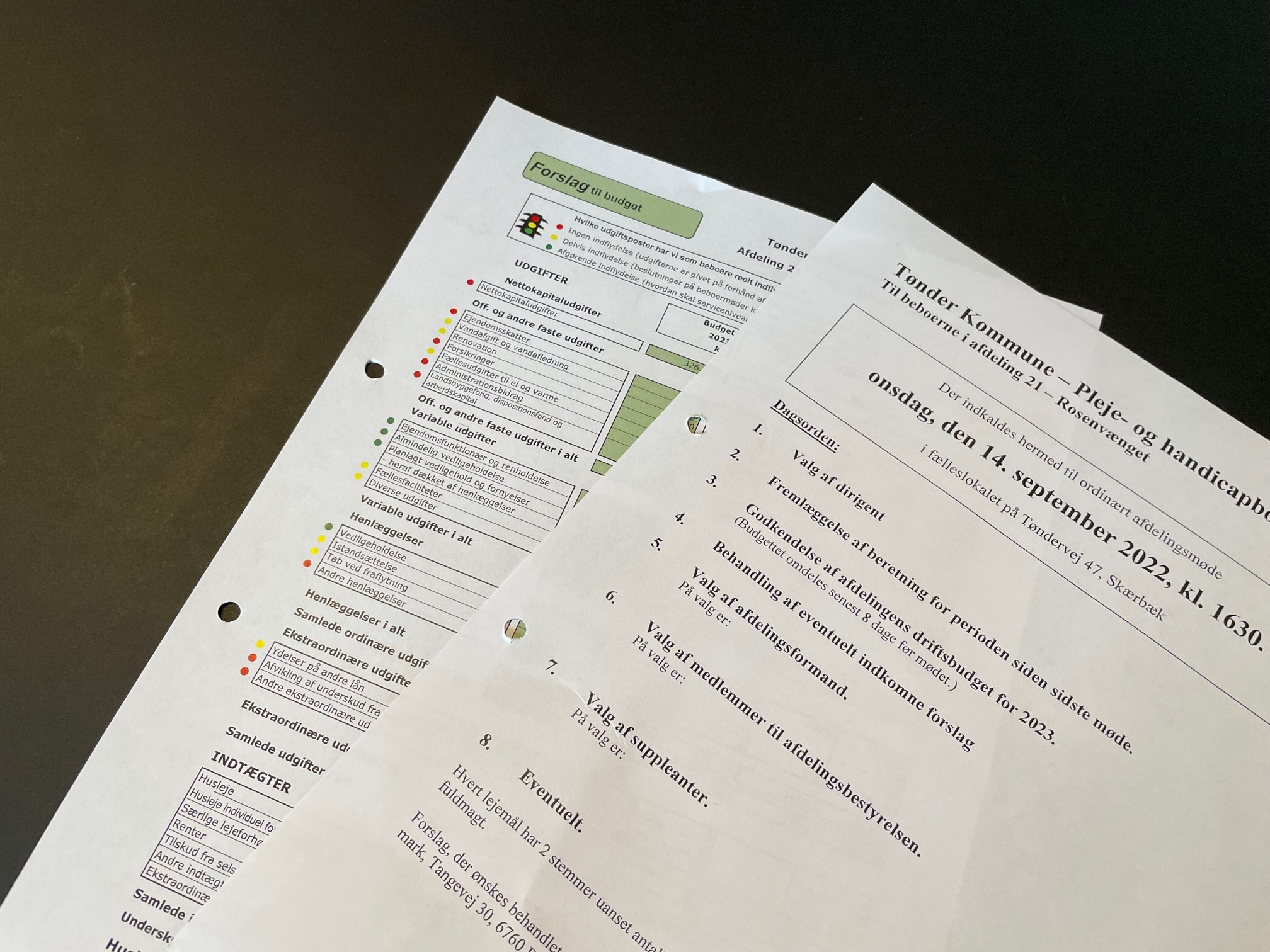 Et udskrift med dagsorden til afdelingsmøde og en med budgettet på.