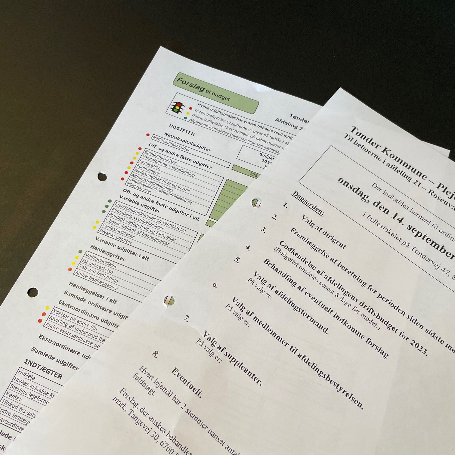 Et udskrift med dagsorden til afdelingsmøde og en med budgettet på.