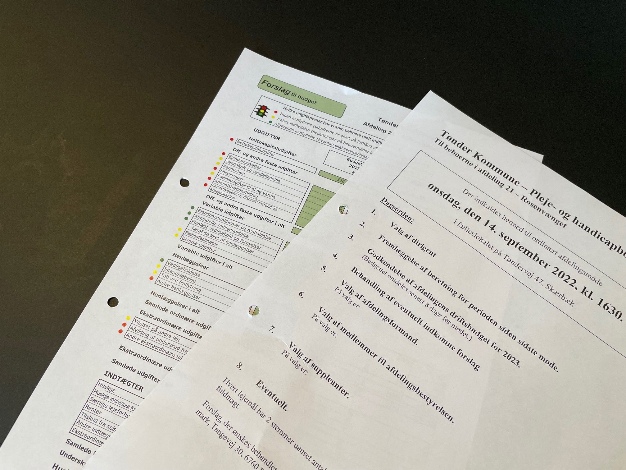 Et udskrift med dagsorden til afdelingsmøde og en med budgettet på.