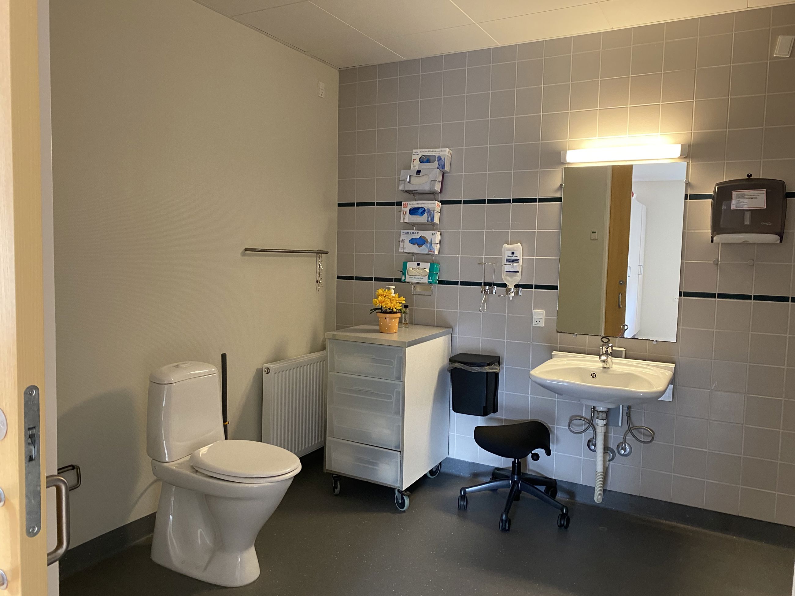 Toilet i borgers lejlighed. Der er et toilet, håndvask og et spejl. I venstre hjørne er der en komode med fire skuffer. Gulvet er mørkegråt.