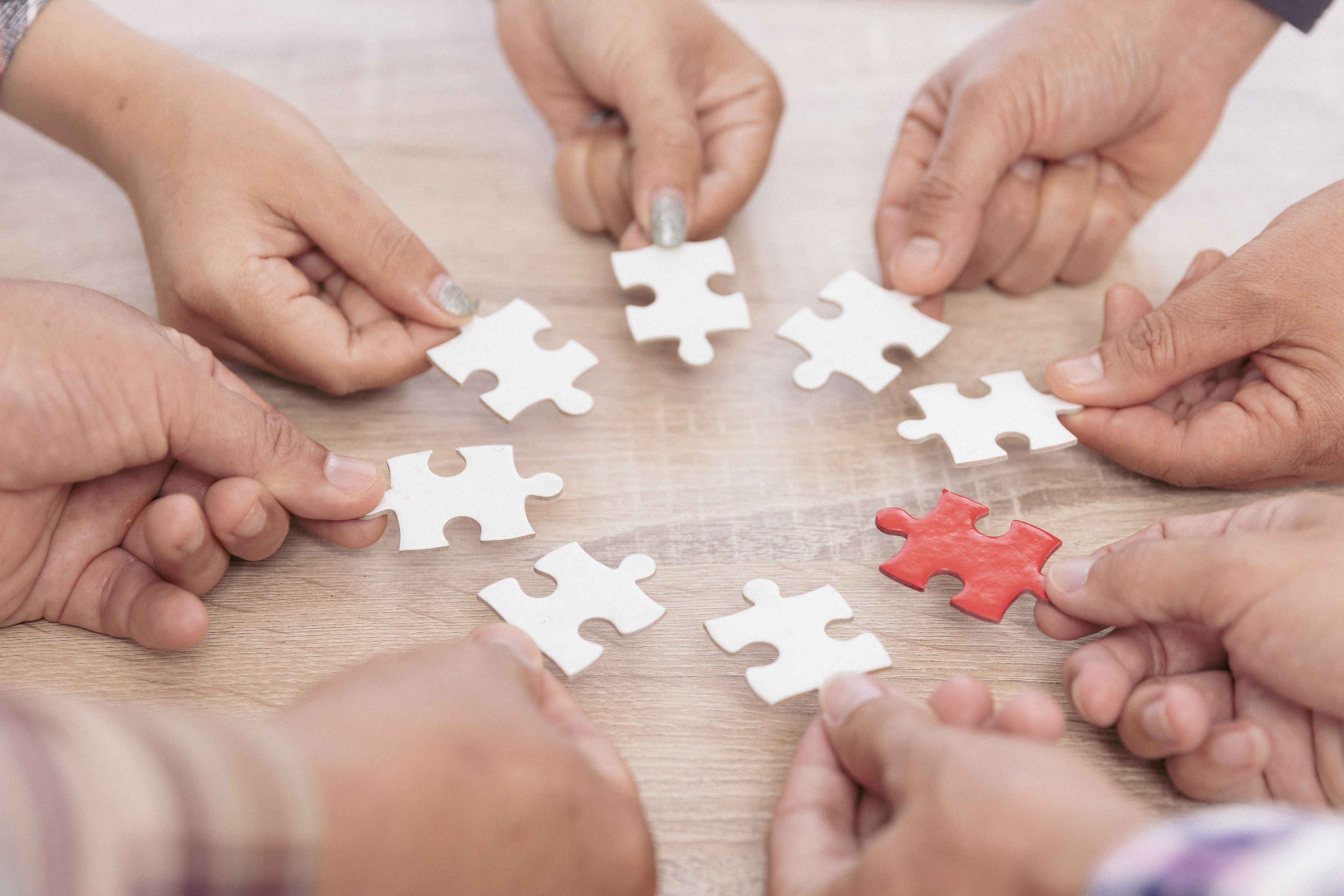 Billede af otte hænder i en cirkel, der holder et brikke fra et puselspil i hånden. Den ene brikke er rød, resten er hvide.