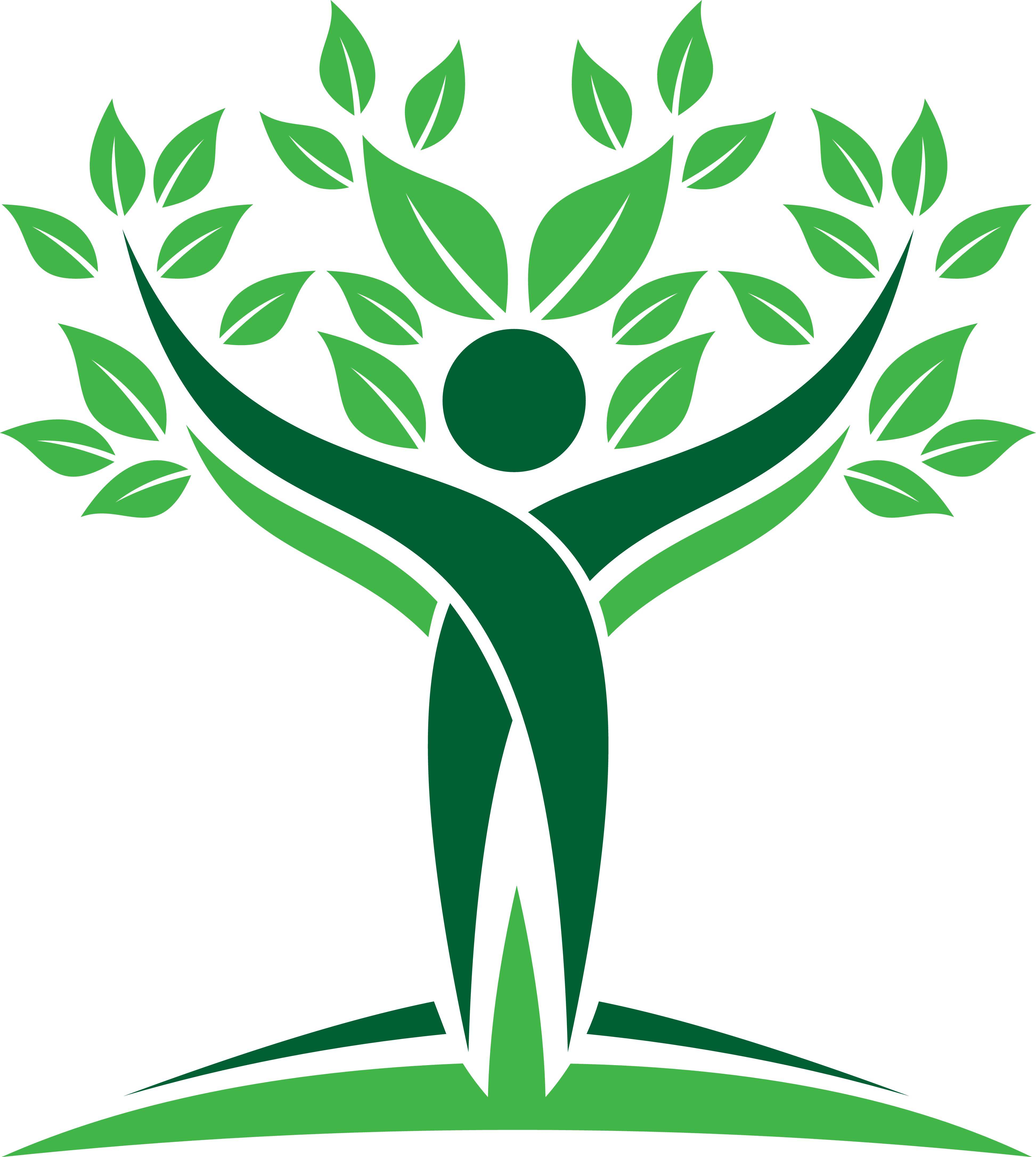 På billedet ses en grafisk grøn tegning af en person der står med hænderne i vejret med blade omkring.