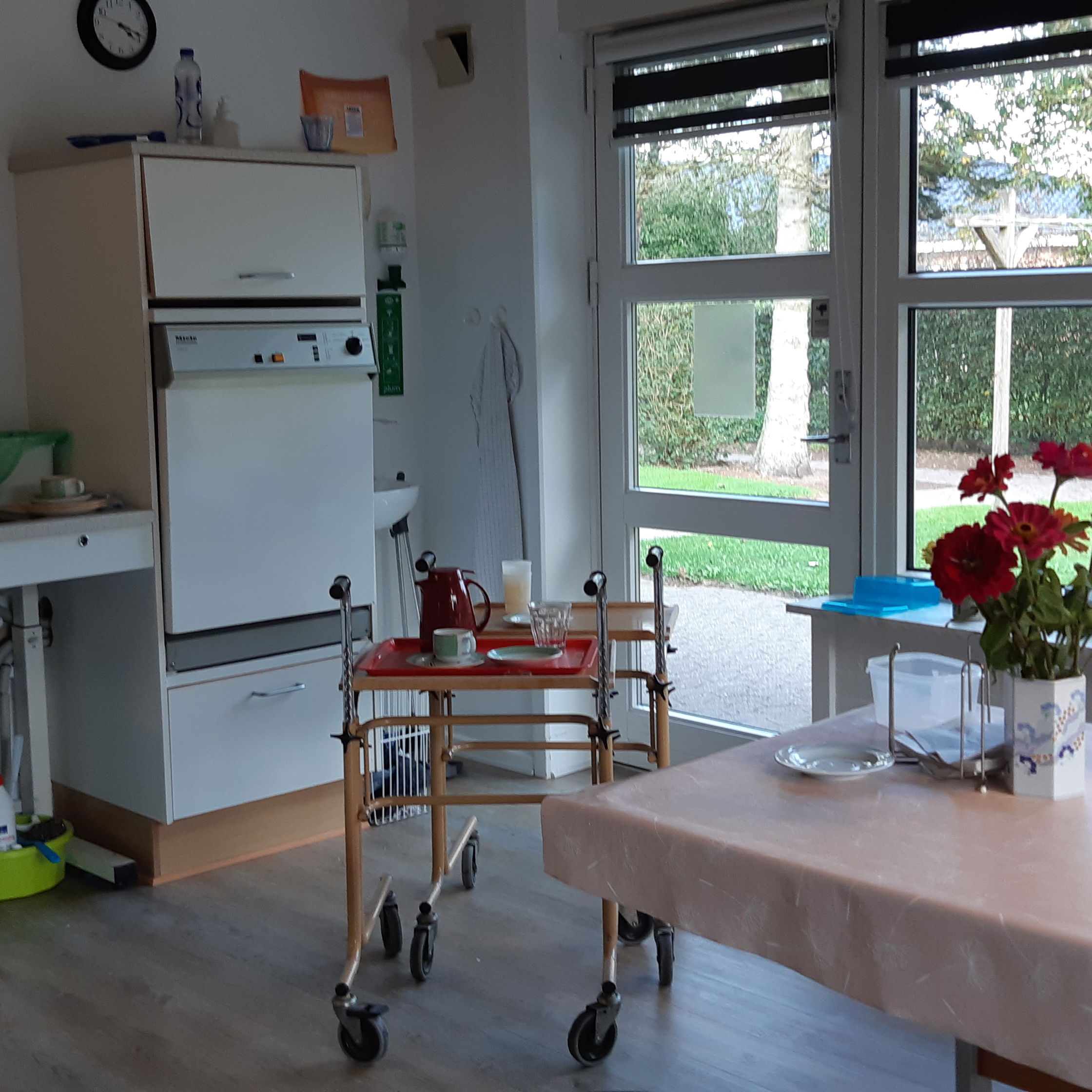 køkken med spiseplads og der er røde blomster på bordet.