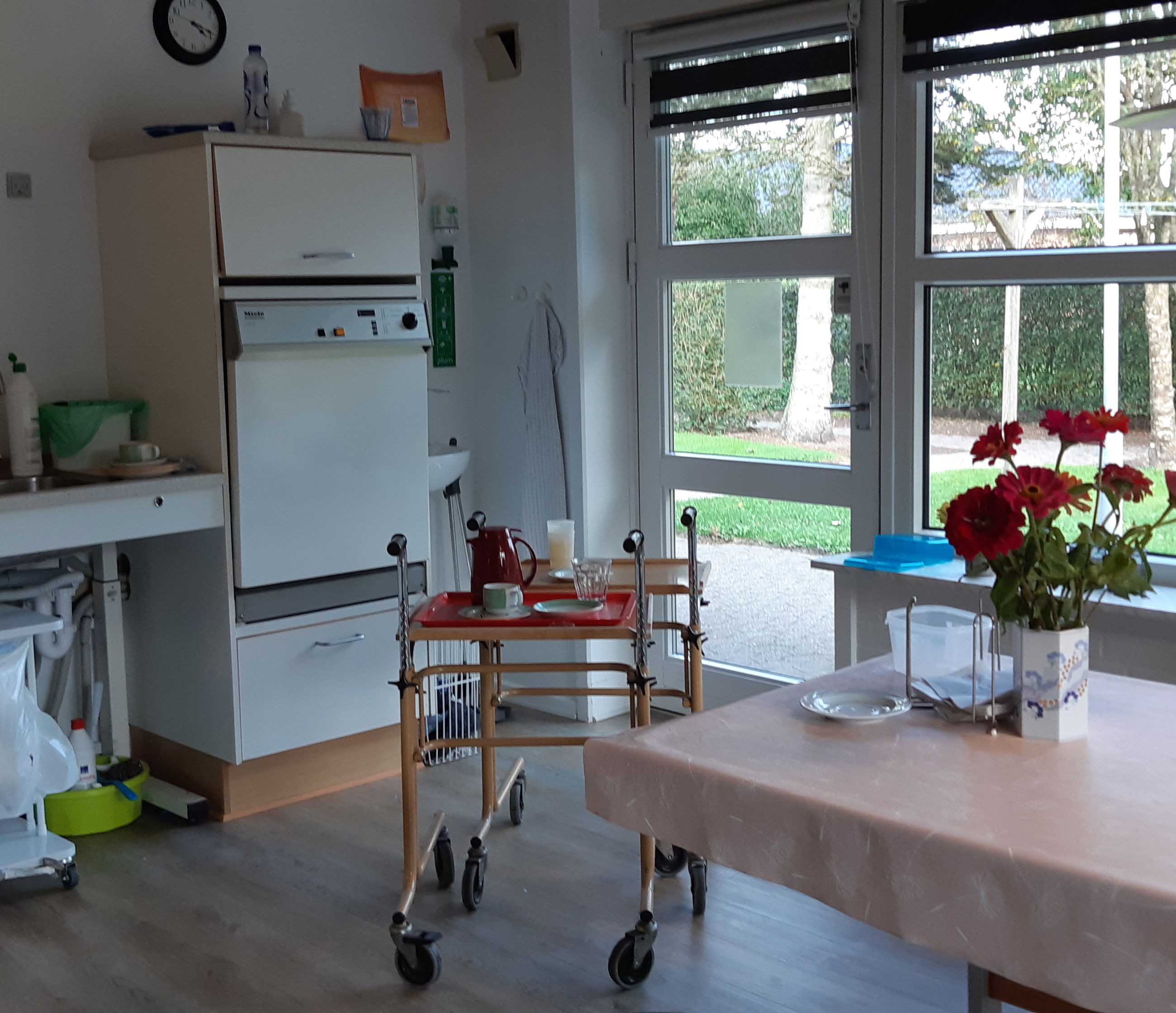 køkken med spiseplads og der er røde blomster på bordet.