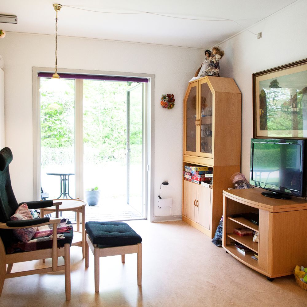 Foran i billedet står der en lænestol med skammel og kigger over på et fjernsyn som står på en lille reol. Og i baggrunden et stort vindue hvor man kigger ud på haven.