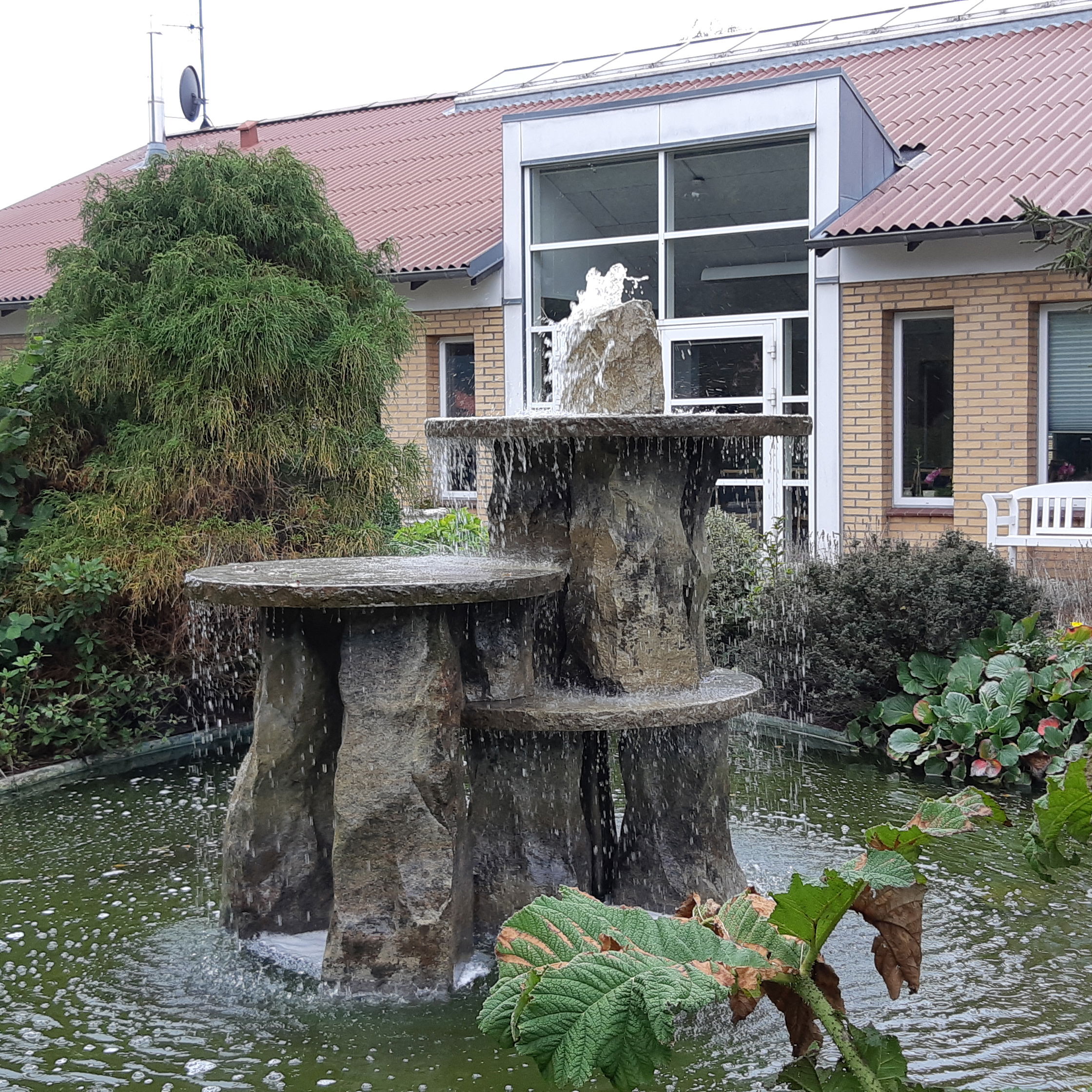 Springvandet ude i haven hvor bygningen af Solengården er i baggrunden.