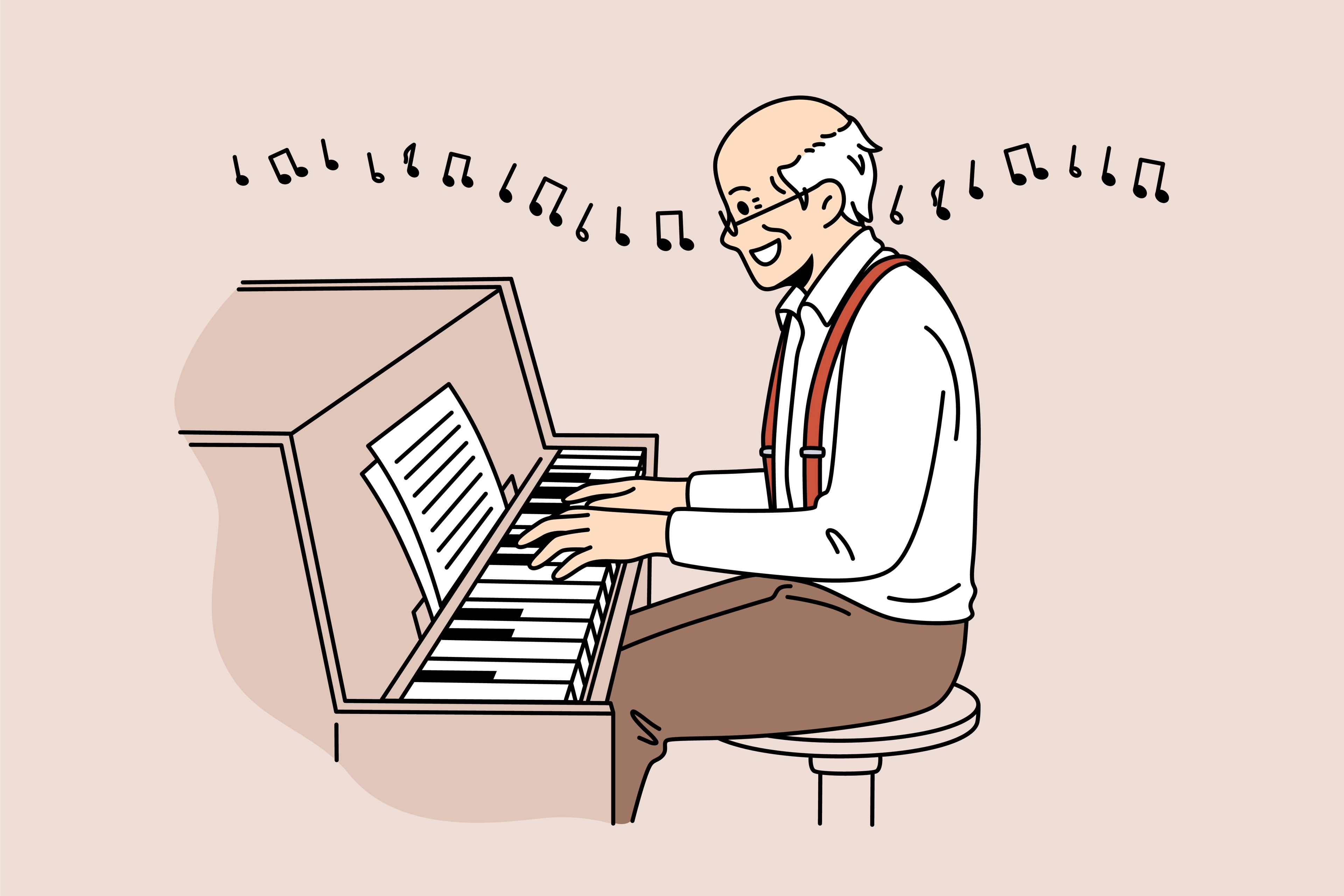 Tegning af en ældre mand der spiller på klaver.